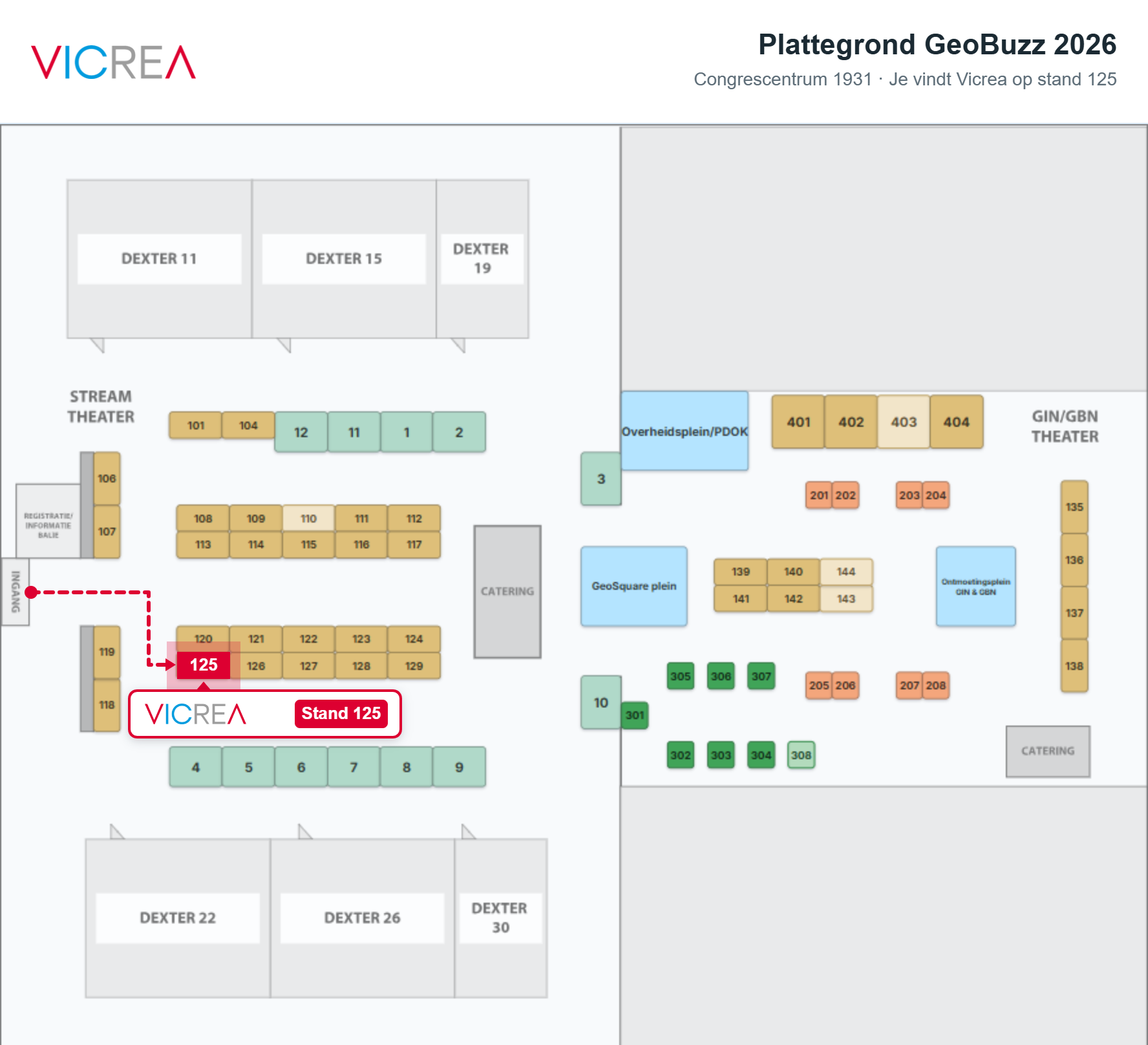 Plattegrond GeoBuzz 2026 met de route van de ingang naar Vicrea op stand 125